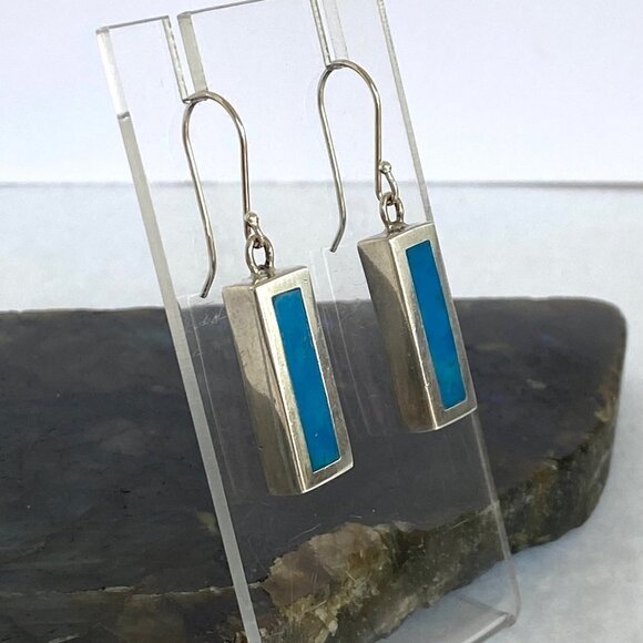 Sterling Silver 925 1.64" Rectangular Simulated Turquoise Dangle Earrings - Picture 7 of 16